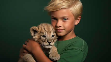 A little boy holds a lion cub.