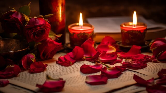 Romantic room with candles and rose petals