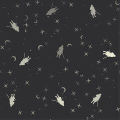 Seamless pattern with stars, samurai symbols on black background. Night sky. Vector illustration on black background