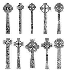 Big keltic crosses silhouettes. Old scottish rope ornamet celtic cross vector icons, metal church crossed crucifix symbols on white - obrazy, fototapety, plakaty