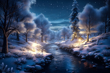 Scene of Flowing Winter River Illuminated by Snow under Starry Sky-Generative AI - obrazy, fototapety, plakaty