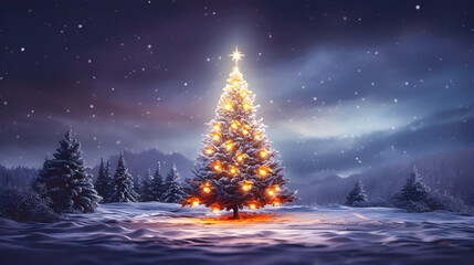 Christmas tree illuminated like a shining star against the night sky-Generative AI