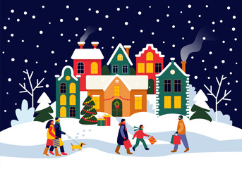 Christmas night scene panorama with decorated houses and people walking with bags of gifts. Vector illustration
