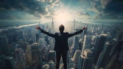 Fototapeta na wymiar Full back view of successful businessman raising his arms like a winner standing on the roof of an office building with city view.
