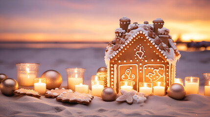 Gingerbread house, Christmas ornaments and candles on sandy beach against ocean background at sunset. Happy holidays and festive celebration concept. Creative Xmas and NY banner. Christmas holidays
