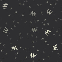 Seamless pattern with stars, Korean won signs on black background. Night sky. Vector illustration on black background
