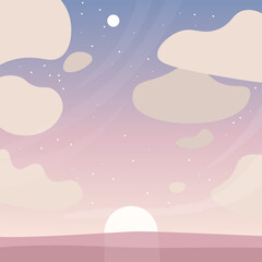 Abstract Landscape Sea Ocean Sunset Background Blue Sky Pink  With Clouds And Stars Vector Design