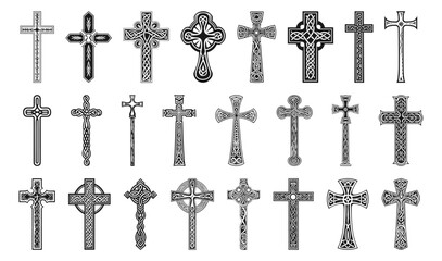 Christian crosses. Metal christ cross vector graphics, jesus black religious crucifix decorative collection signs - obrazy, fototapety, plakaty