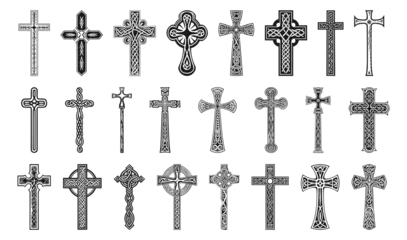 Fotobehang Christian crosses. Metal christ cross vector graphics, jesus black religious crucifix decorative collection signs © LadadikArt