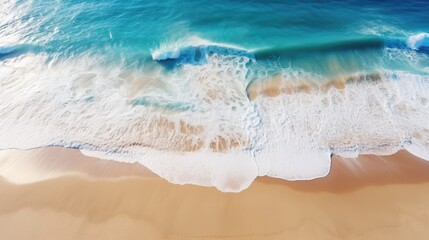 Fototapeta na wymiar Beautiful sandy beach and soft blue ocean wave from top view , Summer seascape background.