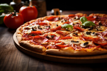 pizza with salami and tomatoes on a board ready to serve to the entire family on family dinner