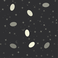 Seamless pattern with stars, ellipse symbols on black background. Night sky. Vector illustration on black background