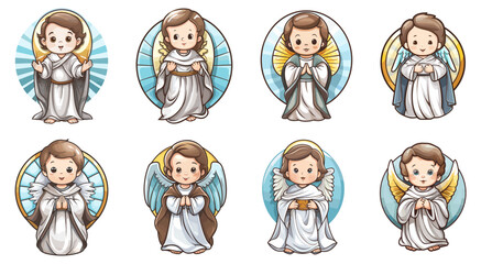 Cute baby Jesus Christ vector illustration. Smiling holy child with angel wings in cartoon style isolated on white - obrazy, fototapety, plakaty