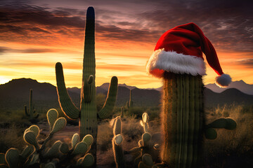 Cactus in red santa claus hat against desert background at sunset, copy space. Alternative Christmas tree. Creative Xmas and NY background. Tropical Christmas mood. Festive cactus - obrazy, fototapety, plakaty
