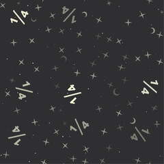 Seamless pattern with stars, quarter fraction symbols on black background. Night sky. Vector illustration on black background