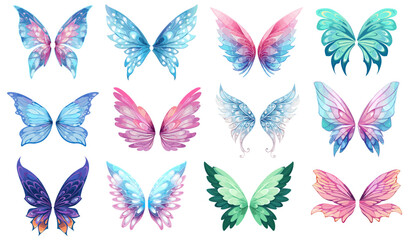 Fairy wings beautiful set. Fantastic elf winges, fantasy creatures wing elements colorful vector collection - obrazy, fototapety, plakaty