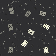 Seamless pattern with stars, seven of spades playing cards on black background. Night sky. Vector illustration on black background