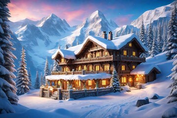 Witness the majesty of Santa's North Pole residence in a snowy winter wonderland.