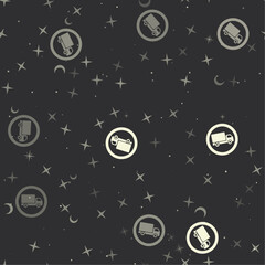 Obraz premium Seamless pattern with stars, truck traffic signs on black background. Night sky. Vector illustration on black background