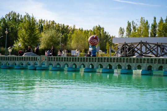 Si-o-se-pol miniature in Esminyaturk park. The Allahverdi Khan Bridge historical bridges on the Zayanderud in Isfahan, Iran. Eskisehir, Turkey - October 10 2023.