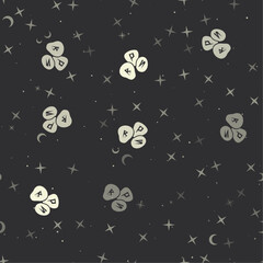 Seamless pattern with stars, divination stones symbols on black background. Night sky. Vector illustration on black background