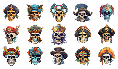 Pirates skulls. Pirate dead heads in cartoon color style, robinson captain king leader chumps isolated on white background - obrazy, fototapety, plakaty