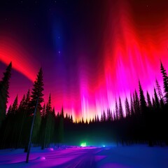 Colorful northern lights in the forest at night.