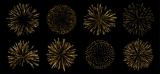 A vector set of eight fireworks, isolated on a black background