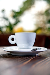 cup of coffe standing on plate on wooden table, colourful trees in the background