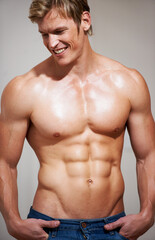 Fototapeta premium Bodybuilder, man and six pack with sexy smile, topless and body with muscle, strong and model in studio background. Confident, workout and fitness with stomach, chest for health, exercise and abs