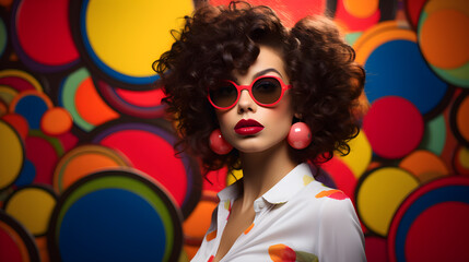 Colores Vibrantes: Fiesta Retro con una Latina en Arte Pop Circular mujer latina con colores retro...