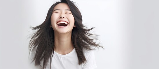 In the isolated white space a happy Chinese girl with a cute smile shines in her portrait radiating a background of joy and a funny personality that captivates people and empowers women ever - obrazy, fototapety, plakaty