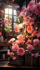 Fototapeta na wymiar Flowers on a bookshelf in a room with a window