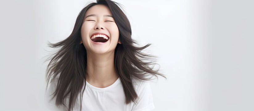 In the isolated white space a happy Chinese girl with a cute smile shines in her portrait radiating a background of joy and a funny personality that captivates people and empowers women ever