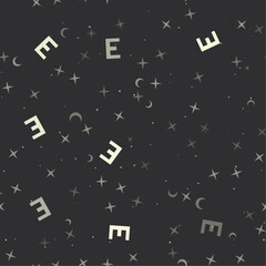 Seamless pattern with stars, capital letter E symbols on black background. Night sky. Vector illustration on black background