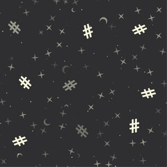 Seamless pattern with stars, hash symbols on black background. Night sky. Vector illustration on black background