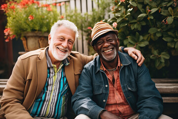 Fototapeta premium Two elderly friends of different races smiling