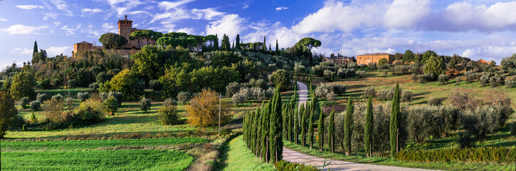Naklejka premium landscape of Italian countryside, romantic Tuscany scenery with cypresses and castles. famous region Val d'orcia, Italy.