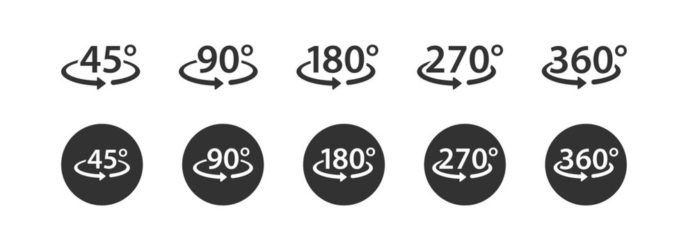 45, 90, 180, 270, 360 degree icon. Arrow rotate symbol. Angle signs. Turn symbols. Rotation icons. Black color. Vector sign.