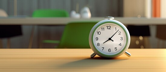 In the modern office a white cartoon clock with a green circle face is placed on an isolated table acting as an alarm icon reminding people about the time both at work and home