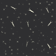 Seamless pattern with stars, woman stretches symbols on black background. Night sky. Vector illustration on black background