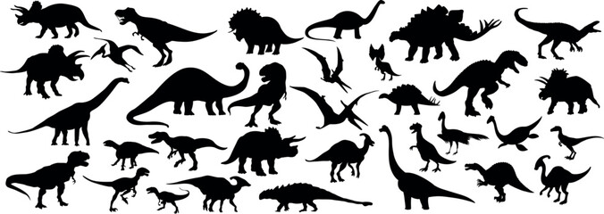 Set of different dinosaur silhouettes. Isolated flat vector illustrations - obrazy, fototapety, plakaty