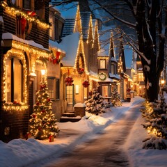 Fototapeta na wymiar Snowy street with houses and christmas lights in Montreal, Canada
