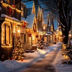 Fototapete Rund Snowy street with houses and christmas lights in Montreal, Canada © Iman