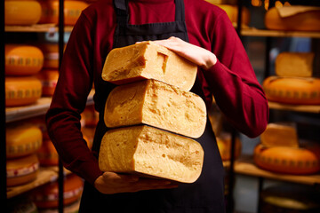 Man holding cheese brocks in specials place for cheese storage and production. Eco food. Aged...