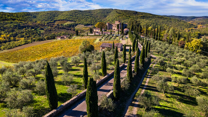 Fototapeta premium Italy, Tuscany landscape aerial drone view. Scenic medieval castle with traditional cypresses - Castello di Meleto in Chianti region
