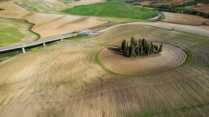 Fototapeten Italy landscape. Amazing Tuscany scenery. Typical countryside with vast fields of Val d'Orcia famous beautiful valley. Aerial drone shot of circle cypresses trees, high angle view © Freesurf