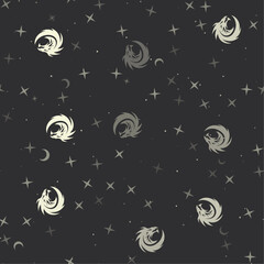 Seamless pattern with stars, dragon's head symbols on black background. Night sky. Vector illustration on black background