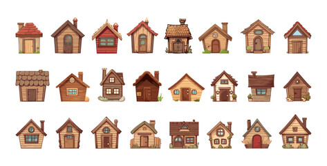 Tiny wooden houses, countryside architecture buildings. Fairytale style home, cute village homes vector icons. Isolated rural house clipart - obrazy, fototapety, plakaty
