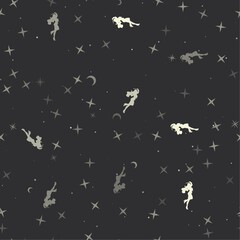 Seamless pattern with stars, enchantress symbols on black background. Night sky. Vector illustration on black background
